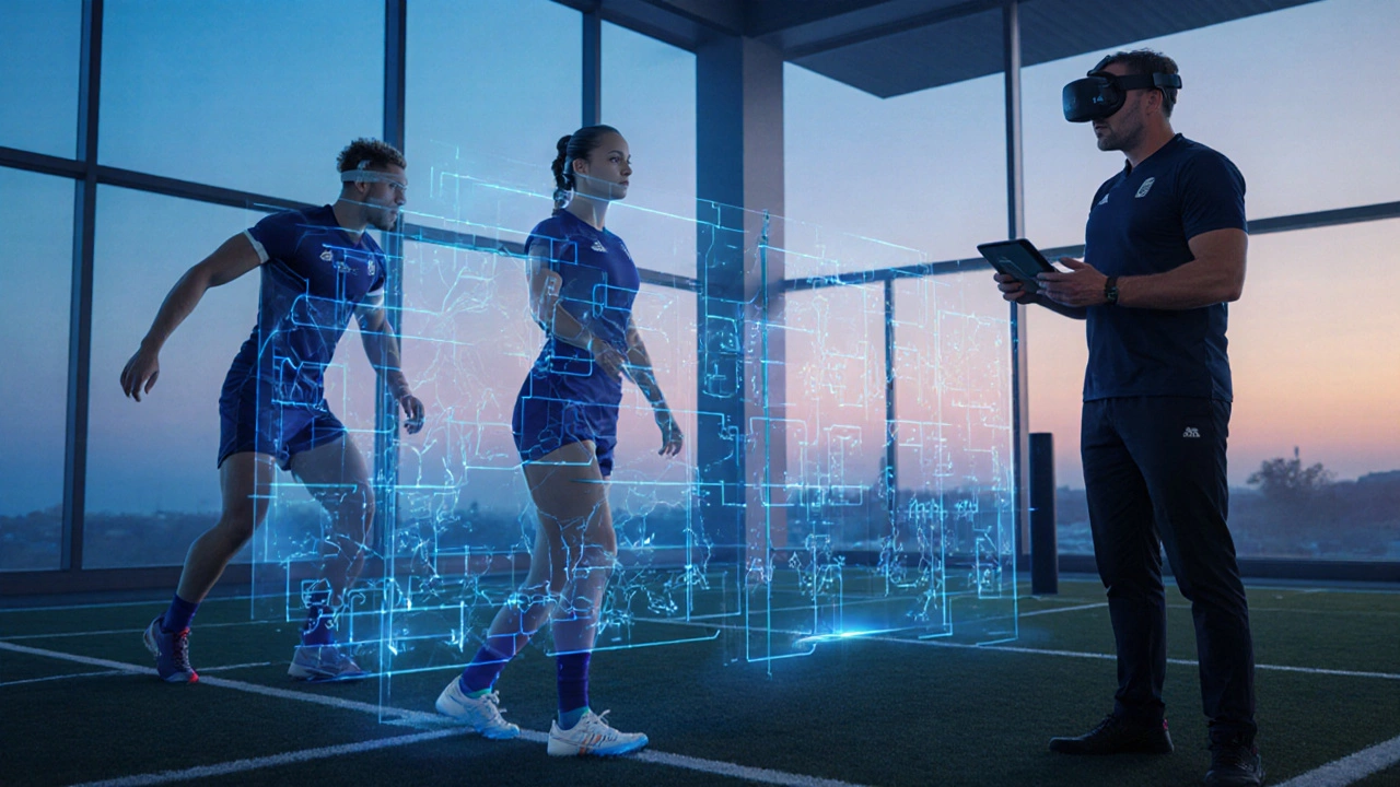 Athletes training with wearable tech and holographic data in a modern facility.