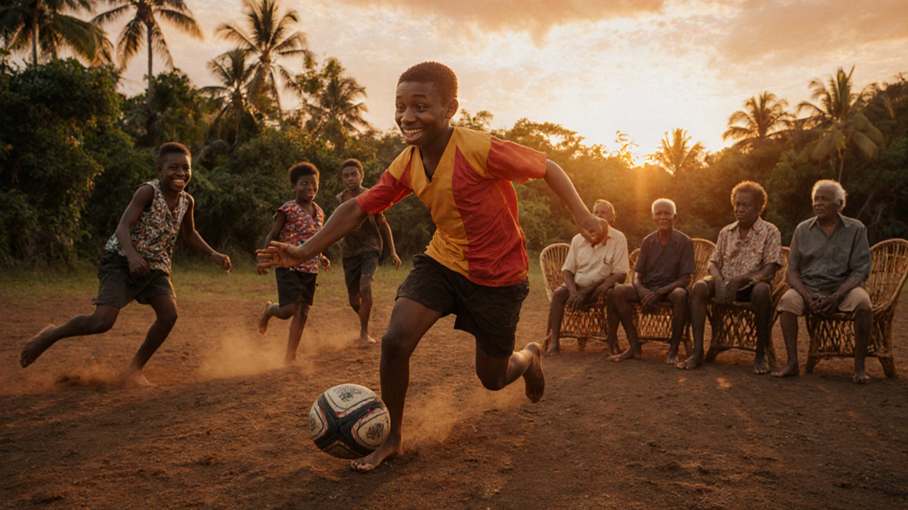 Children playing rugby barefoot on a dusty field in Fiji at sunset.