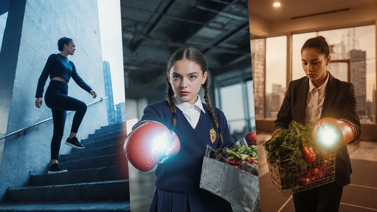 Everyday scenes of women empowered by boxing, with floating gloves symbolizing inner strength.