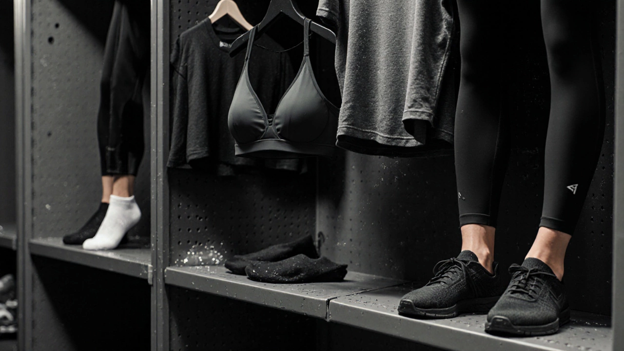 Gym locker shelf with athletic gear: compression tights, sports bra, running socks, and cross-trainer shoes.