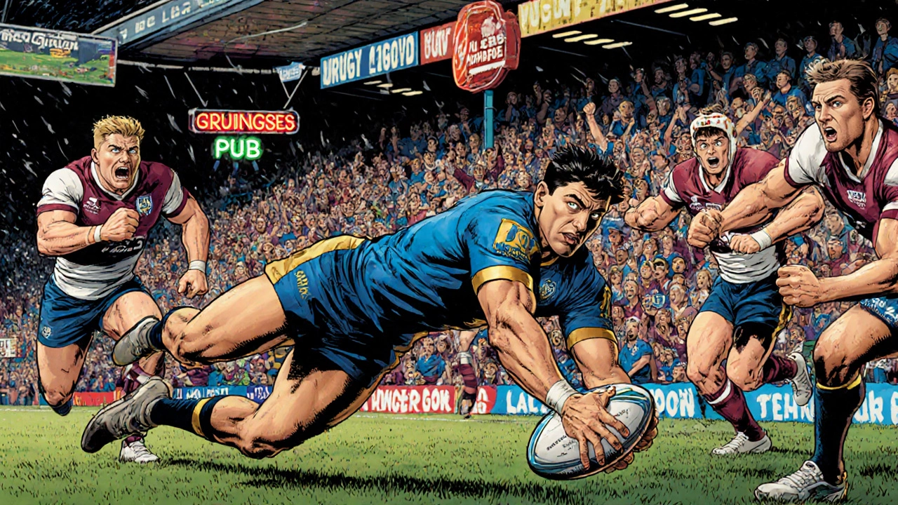 Rugby league player scoring a last-tackle try in Wigan, crowd roaring in comic book style.