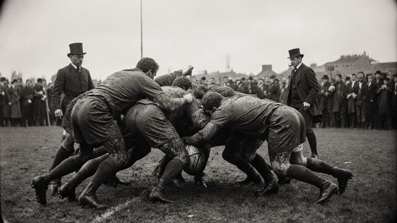 Rugby players clash in a scrum during the first international match in Edinburgh, 1871.