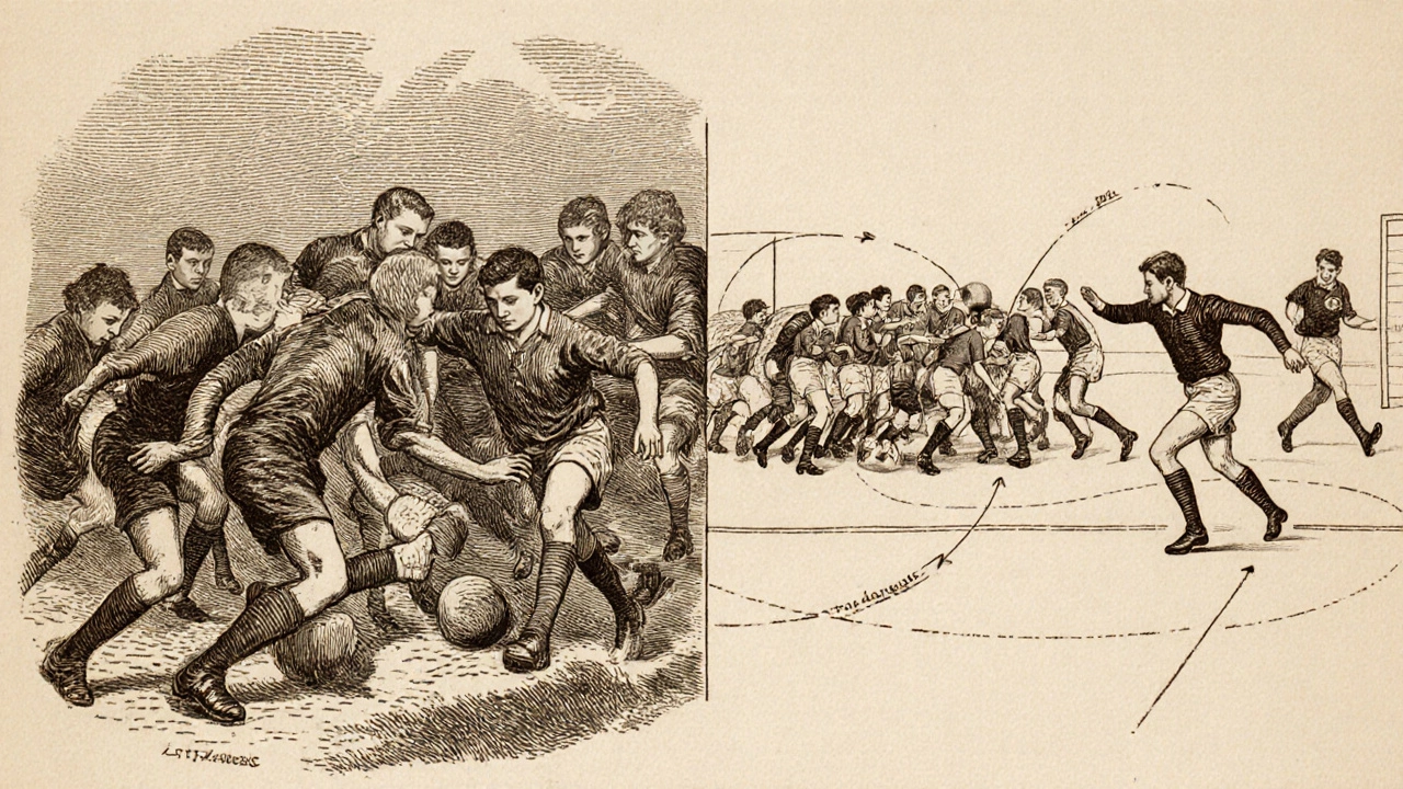 Split illustration showing the divergence of rugby and soccer from a shared 1860s football game.