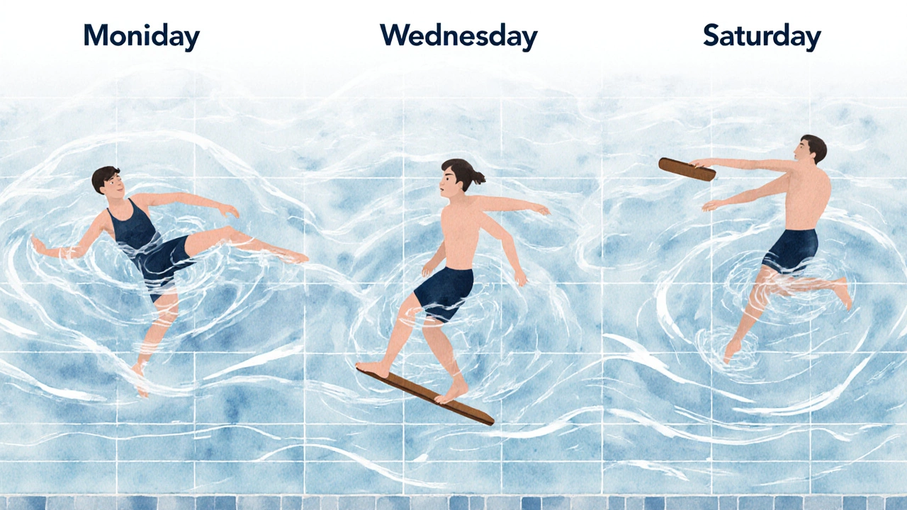 Three stages of beginner swimming practice: floating, kicking, and stroking, shown in a soft watercolor style.