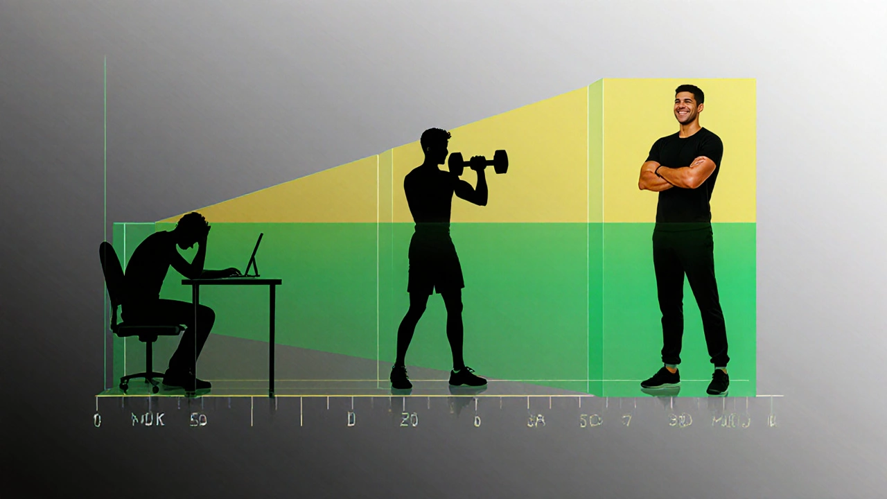 Three transparent layers showing a person&#039;s transformation from slumped to strong over 30 days.
