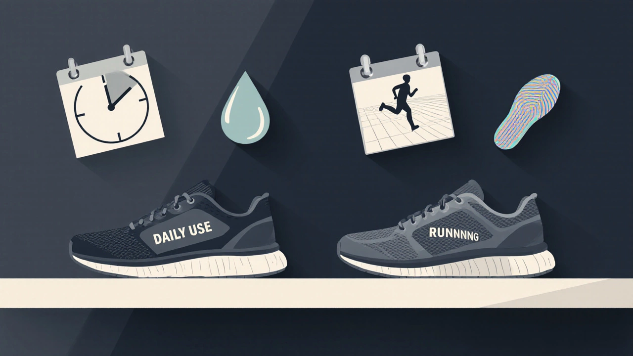 Two running shoes on desk with icons representing daily use versus running only.
