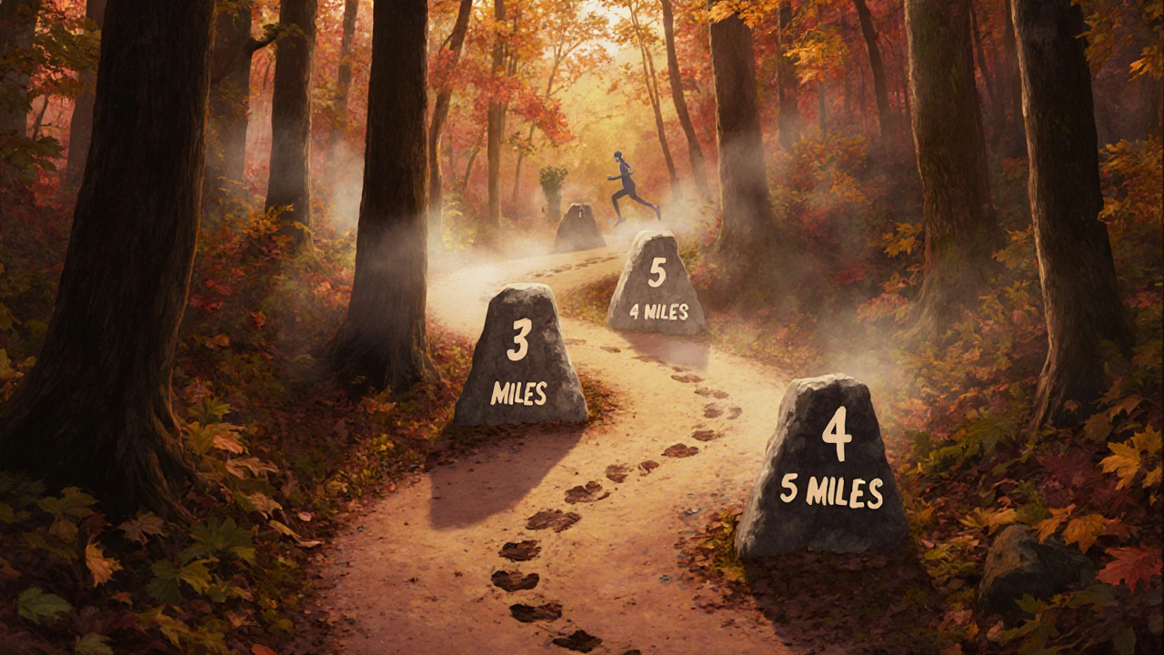 Winding forest path with stone markers showing gradual increase in running distance.