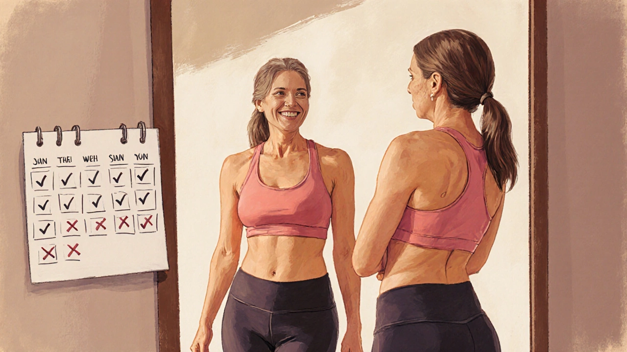 Woman smiling at her reflection, clothes looser, showing signs of improved tone and posture.