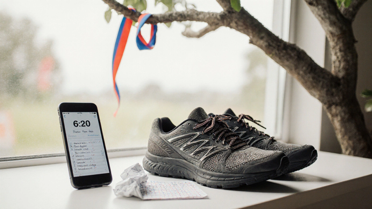 Worn running shoes beside a phone showing 6.2 miles, with handwritten training logs nearby.