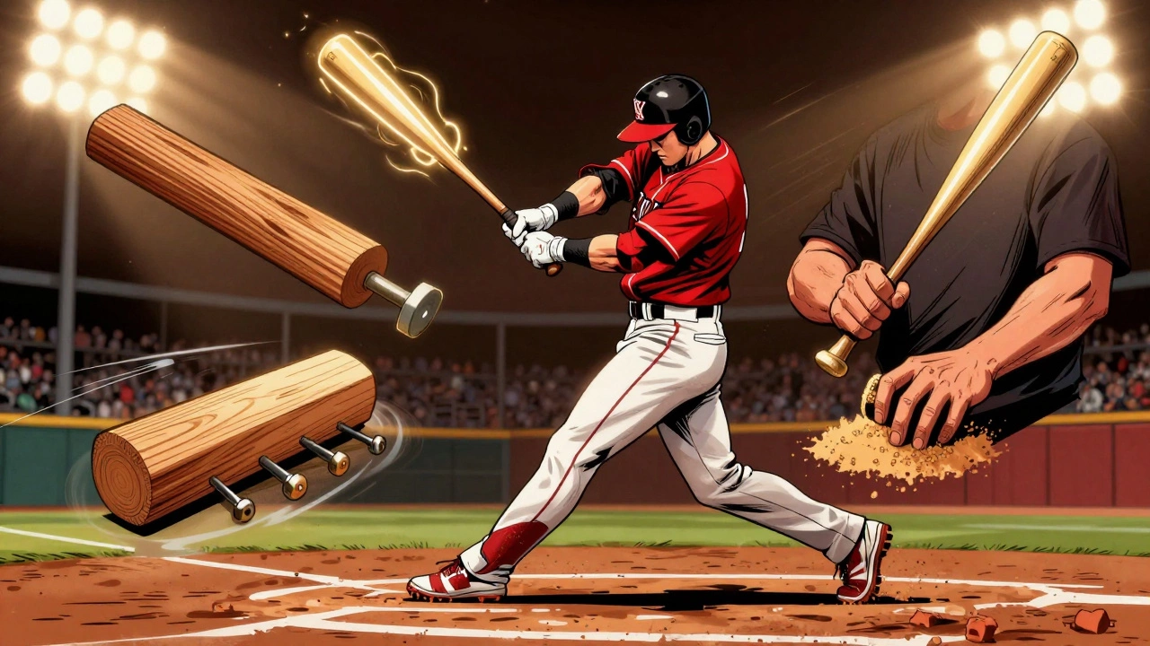 A baseball player swinging a custom bat, with visual elements showing its handmade creation process in motion.