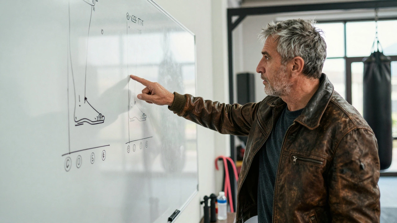 A coach points at a whiteboard filled with boxing strategies in a dusty gym.