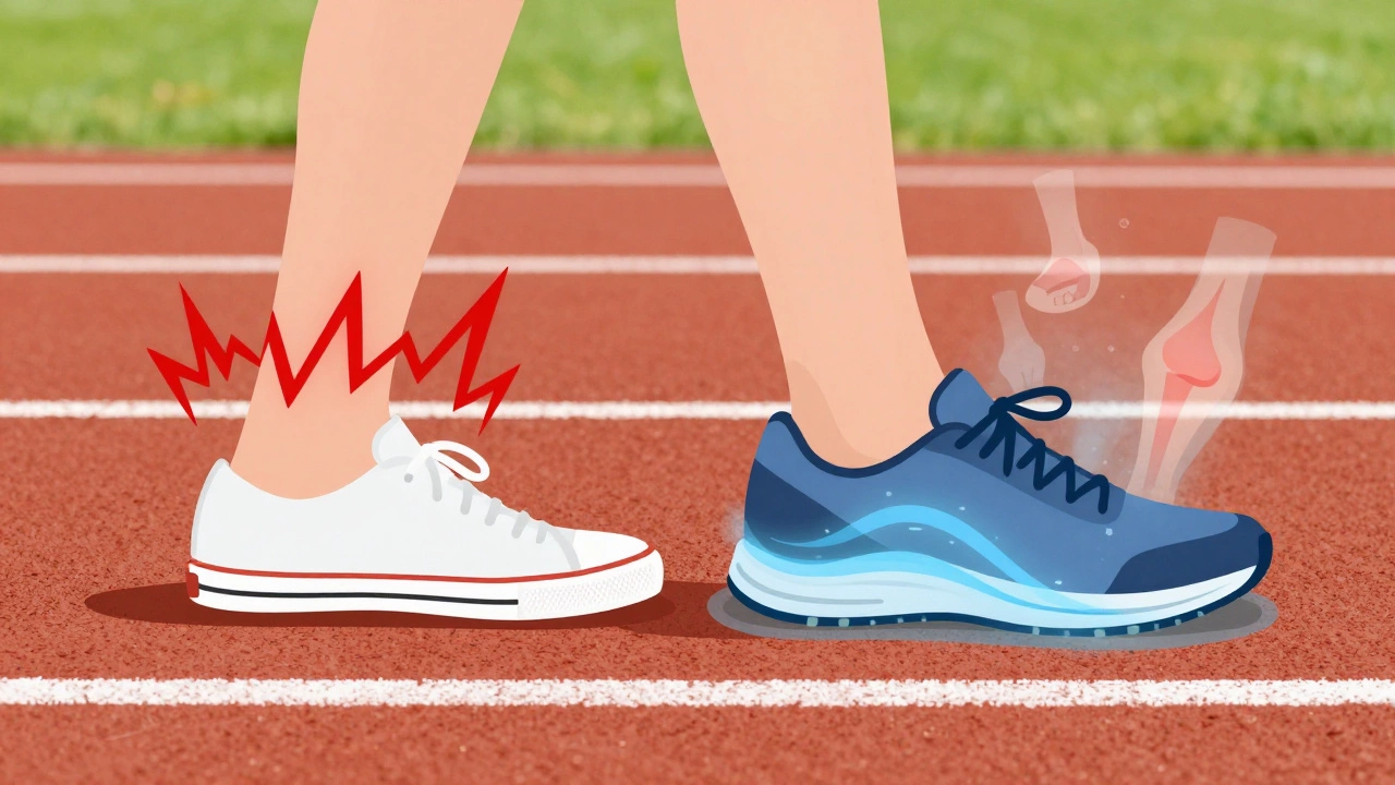 A footstep on a track showing shockwaves from flat soles versus smooth impact absorption from running shoes.