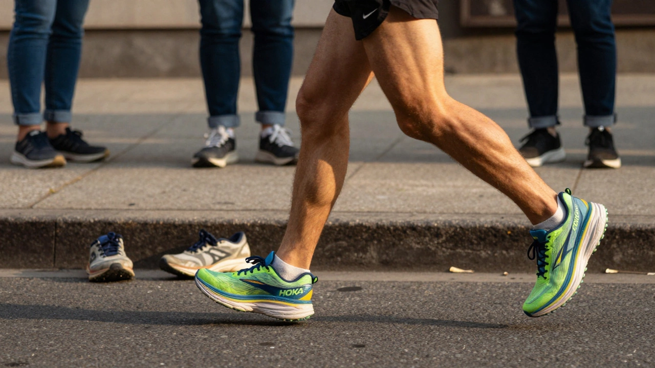 A runner in motion on pavement wearing performance running shoes, with old sneakers discarded behind.
