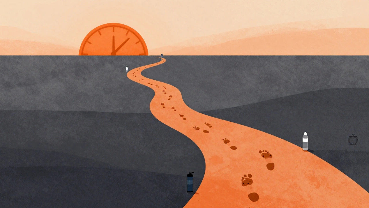 Abstract path of footprints leading to sunrise, symbolizing endurance and personal growth in running.