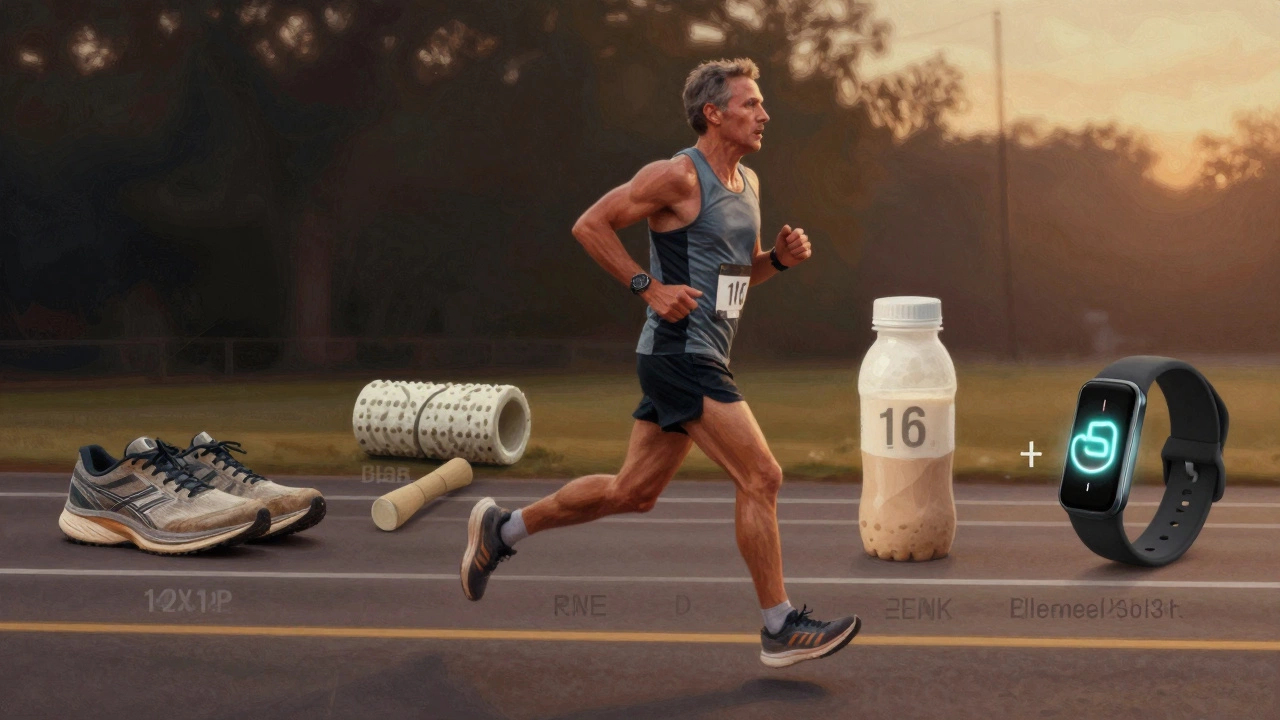 An artistic depiction of a middle-aged runner with transparent training elements like shoes, foam roller, and sleep tracker around them.