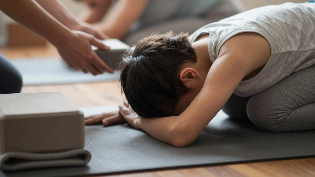 Beginner in Child's Pose with yoga block and blanket nearby, teacher offering support in background