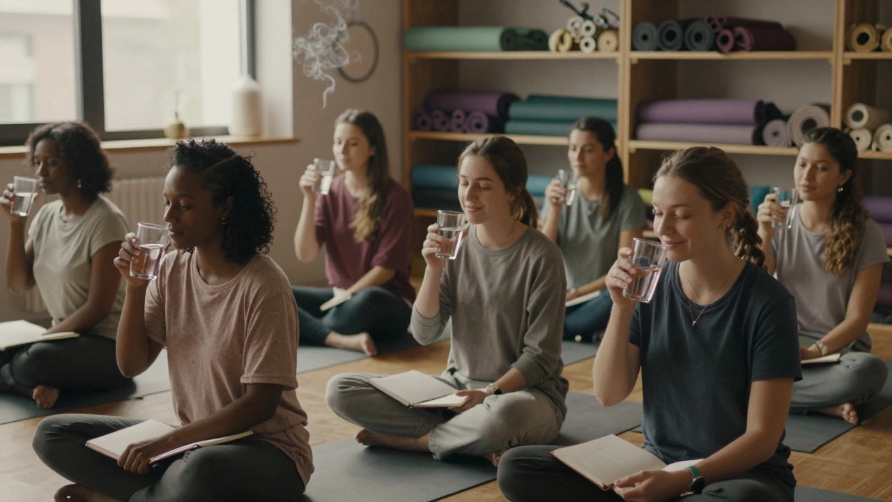 Beginners relaxing after class, drinking water and journaling in a peaceful studio lounge