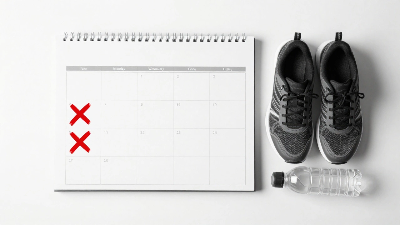 Calendar with three red marks showing workout days, surrounded by minimal fitness items