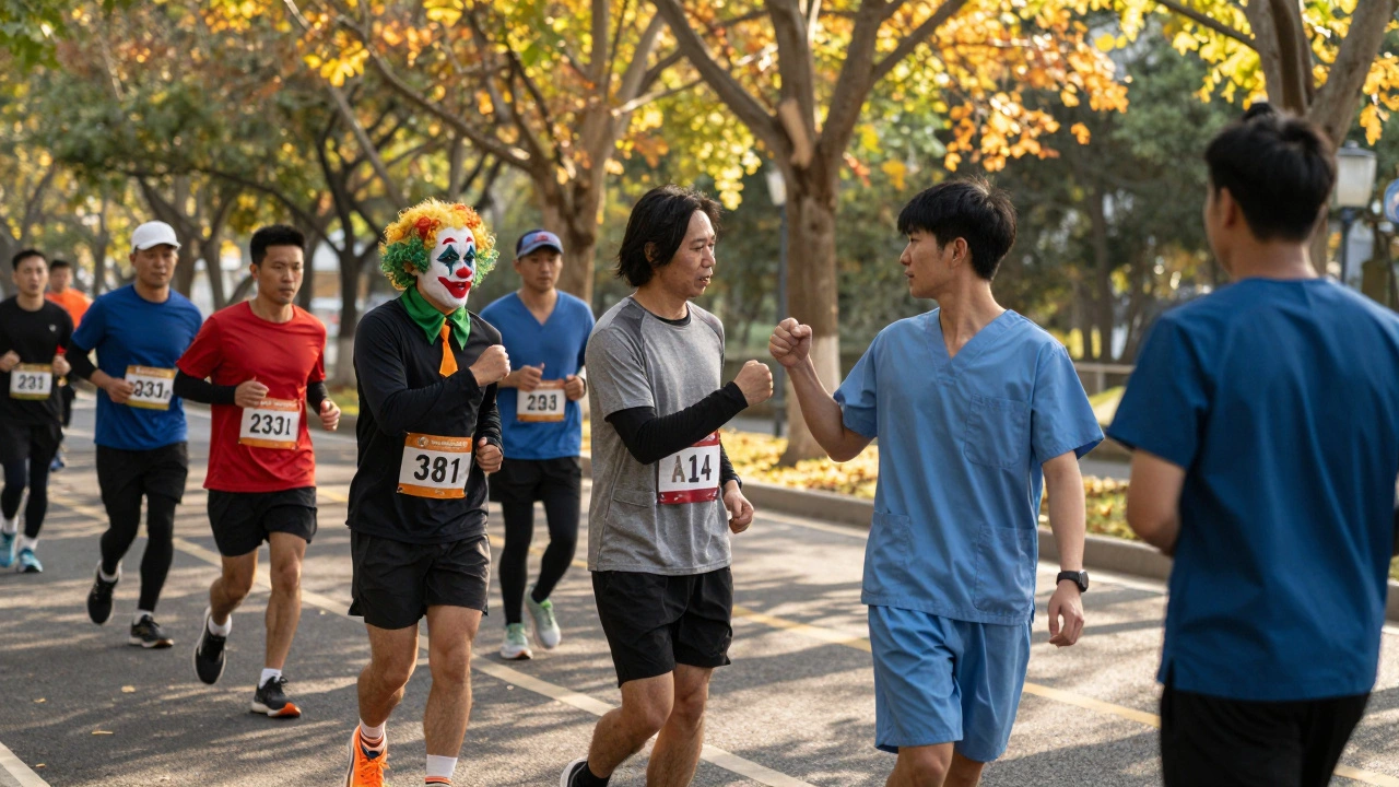 Diverse runners exchanging quiet gestures of support during a race.