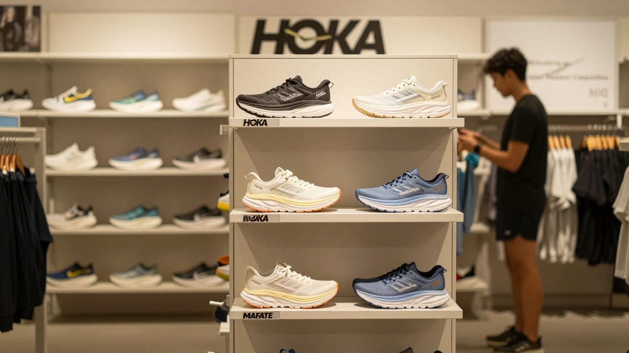 HOKA shoes displayed alone in a retail setting, no Nike branding visible.