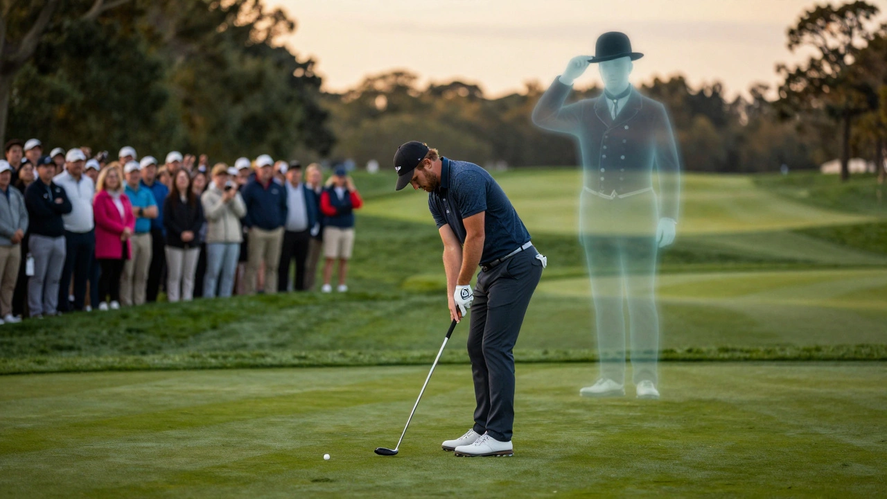 Modern golfer tapping in a bogey as a translucent Victorian ghost smiles behind him at twilight.