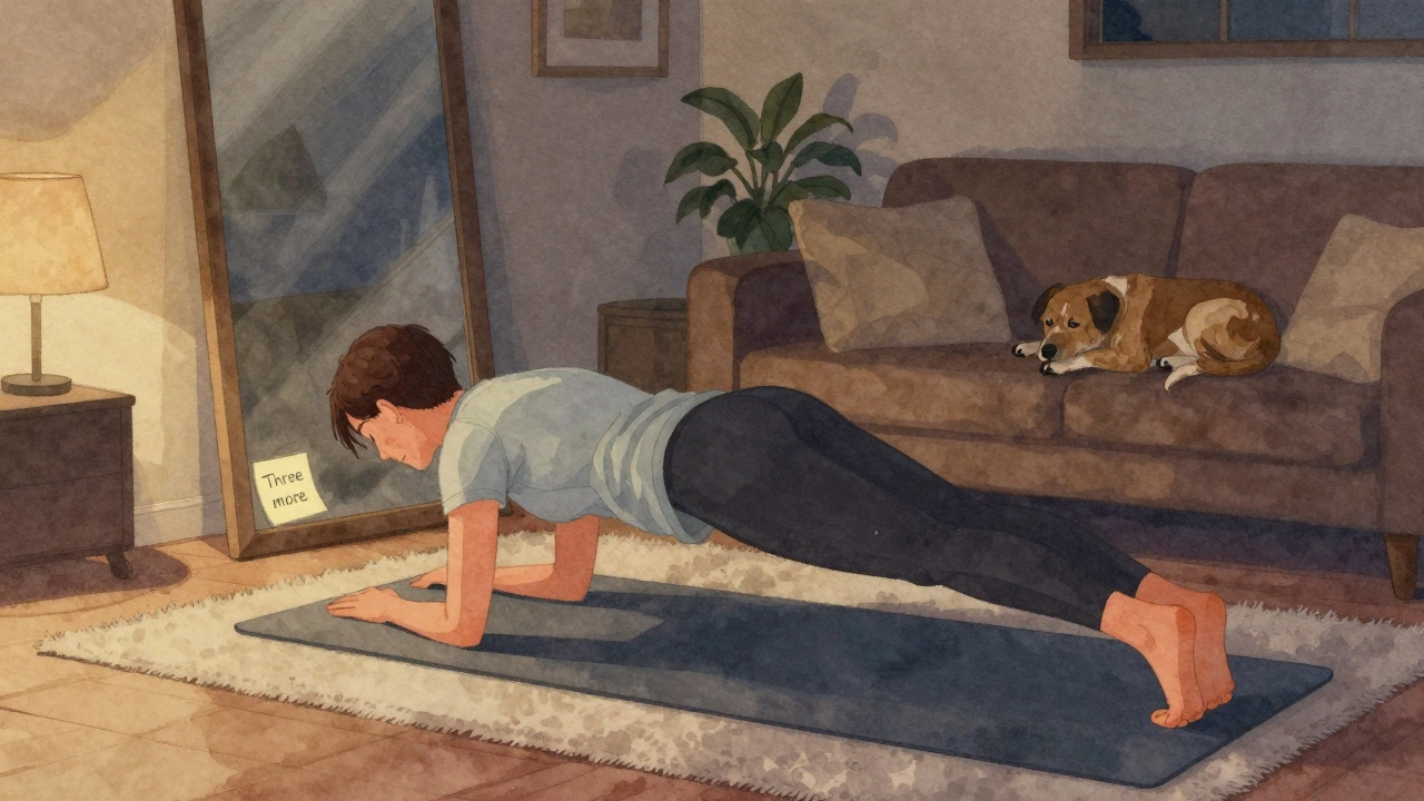 Person finishing a plank on a rug with a sticky note on the mirror saying &#039;Three more&#039;.