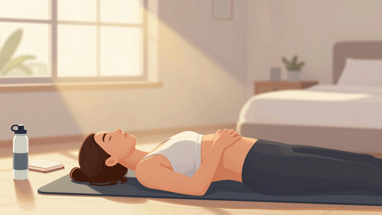 Person lying on yoga mat practicing deep belly breathing at sunrise.