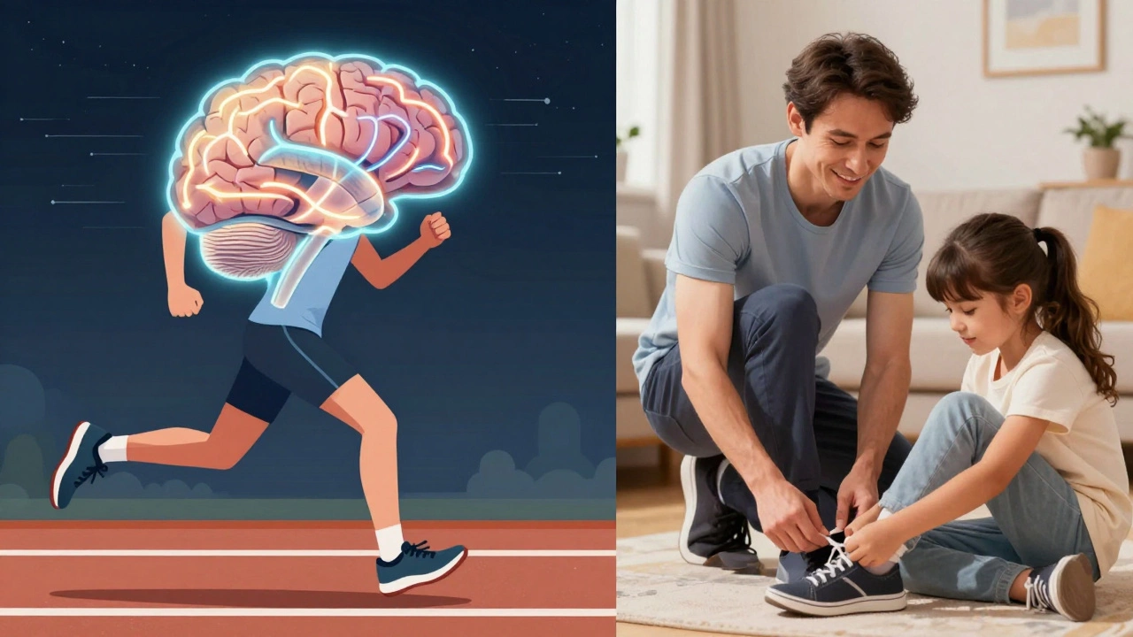 Runner&#039;s brain activity linked to emotional control, paired with a calm moment at home.