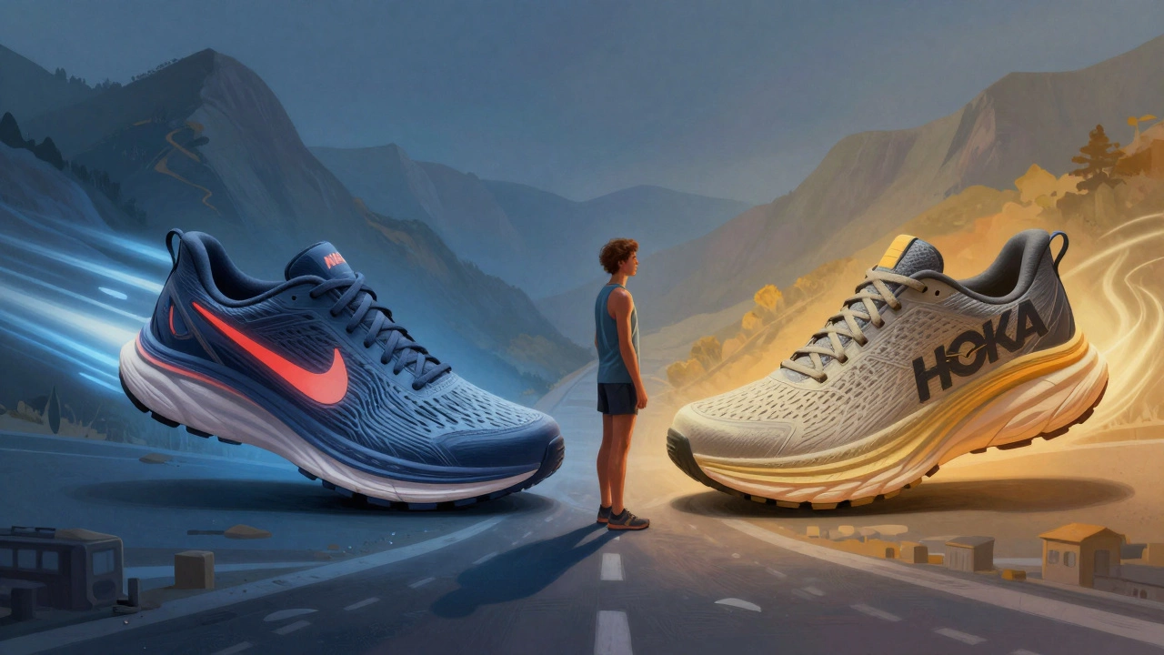 Runner at a crossroads between Nike and HOKA shoes, symbolizing different running philosophies.