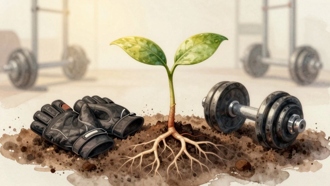 Seedling growing beside weightlifting gear, symbolizing muscle growth through rest