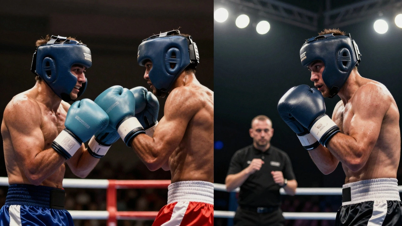 Split image: boxers sparring in gym vs. competing in a championship bout.