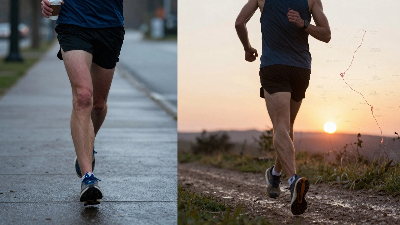 Split image of a runner at dawn and sunset, showing progress in training over time.