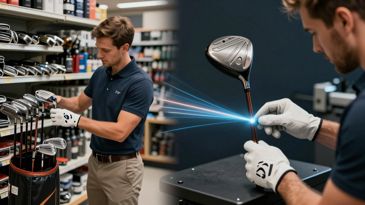 Split-screen comparison of an amateur buying golf clubs versus a pro’s custom club being precision-engineered in a lab.
