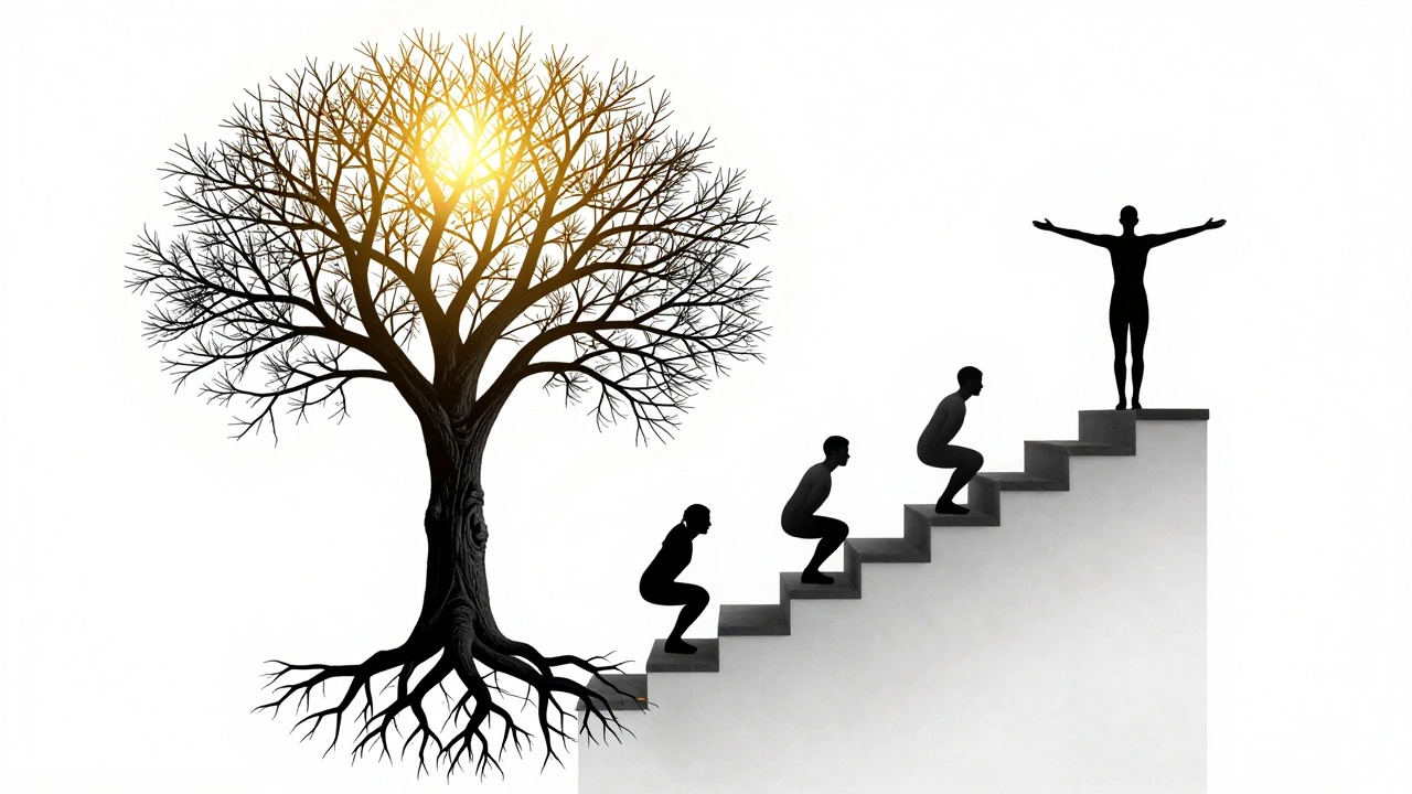 Staircase turned into a tree with leg roots, person standing tall at the top under a sunrise.