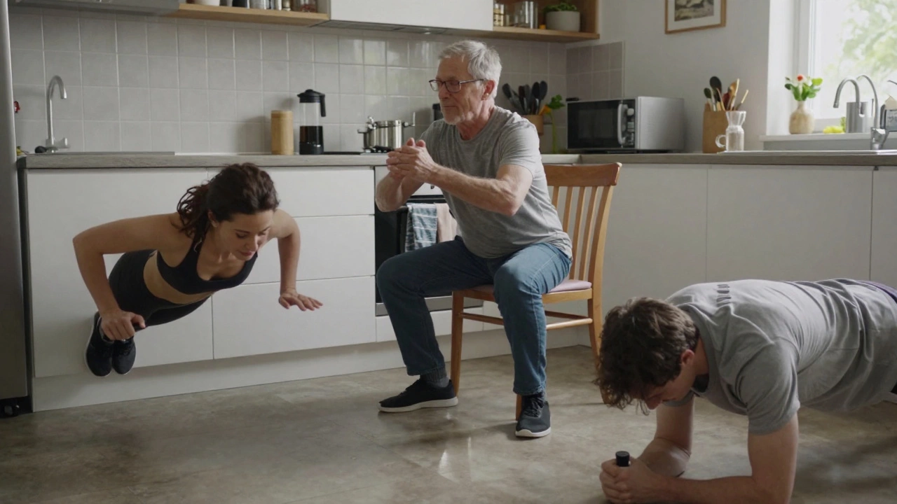 Three people performing modified 3-3-3 exercises in a kitchen using a chair and wall for support.