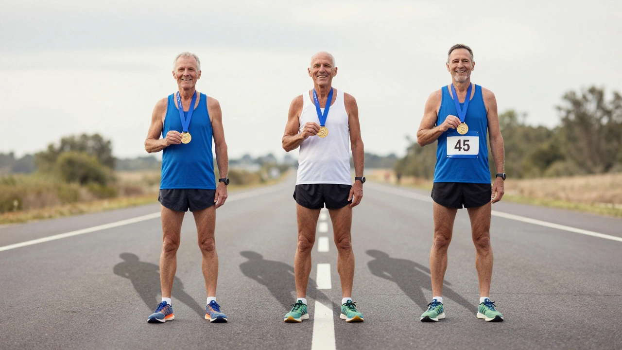 Three runners aged 25, 35, and 45 standing together at a marathon finish line, all wearing the same medal.