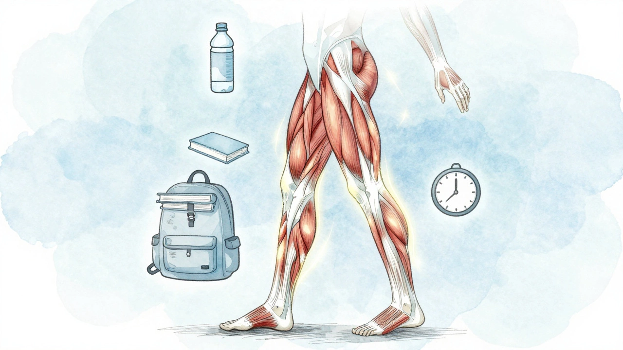 Transparent human leg muscles glowing with activity, surrounded by symbols of resistance and time.