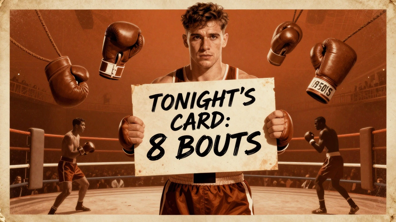 Vintage boxing poster showing a promoter with a card of eight bouts, classic 1950s style.