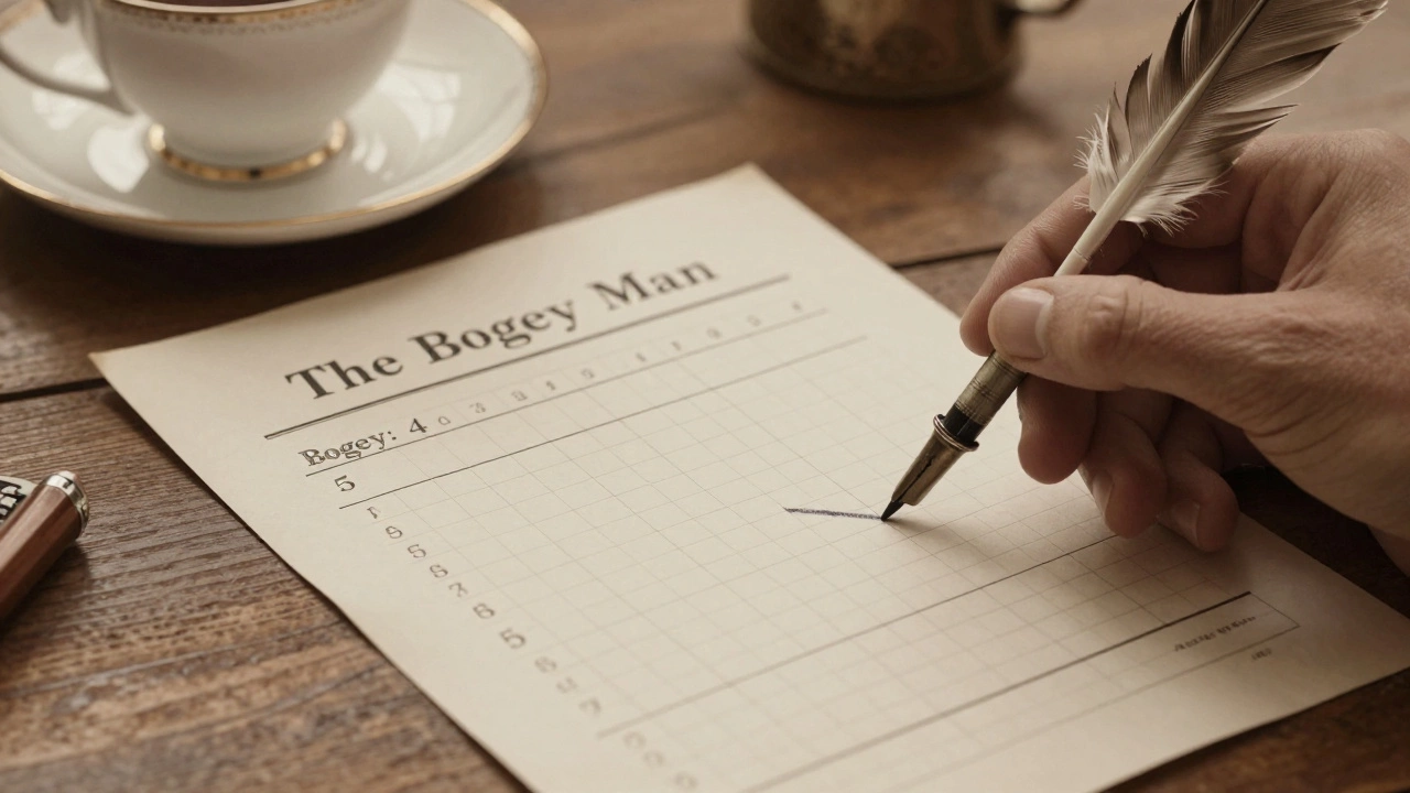 Vintage golf scorecard and sheet music for &#039;The Bogey Man&#039; on a wooden table with a teacup.