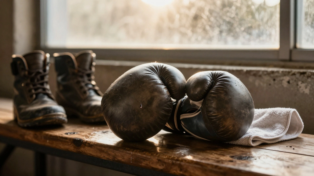 Worn boxing gloves on a bench with morning light, sweat droplet about to fall.