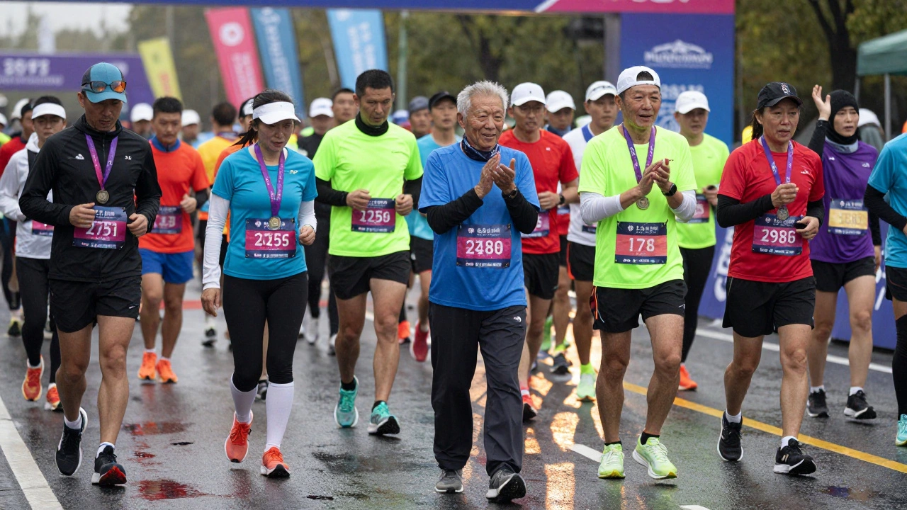 A diverse group of marathon finishers crossing the line, some walking, some jogging.