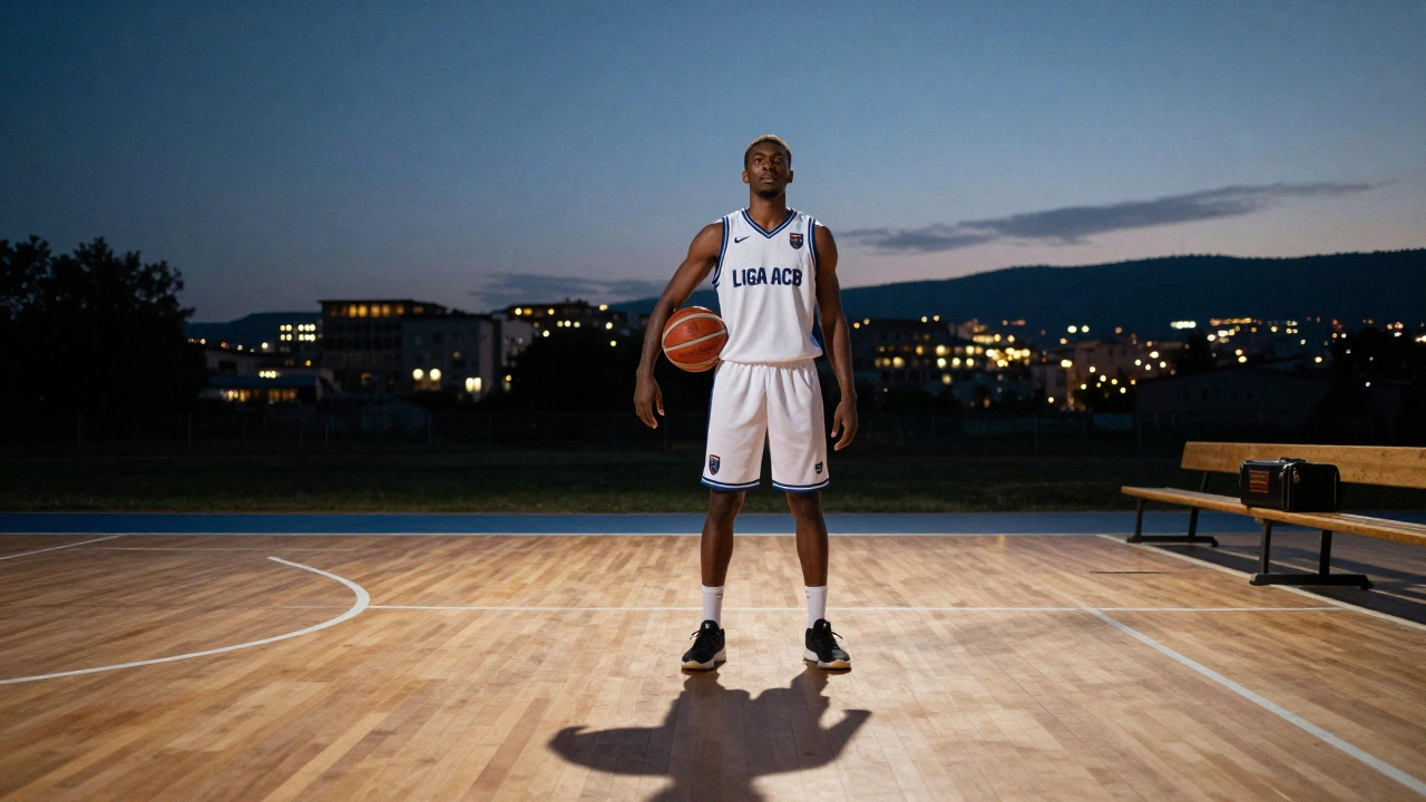 A player in a European uniform standing on a court at dusk with a suitcase nearby.