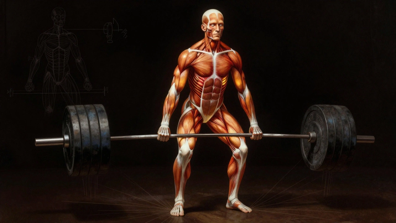 Anatomical illustration showing muscles activating during a deadlift, with glowing energy lines highlighting key muscle groups.