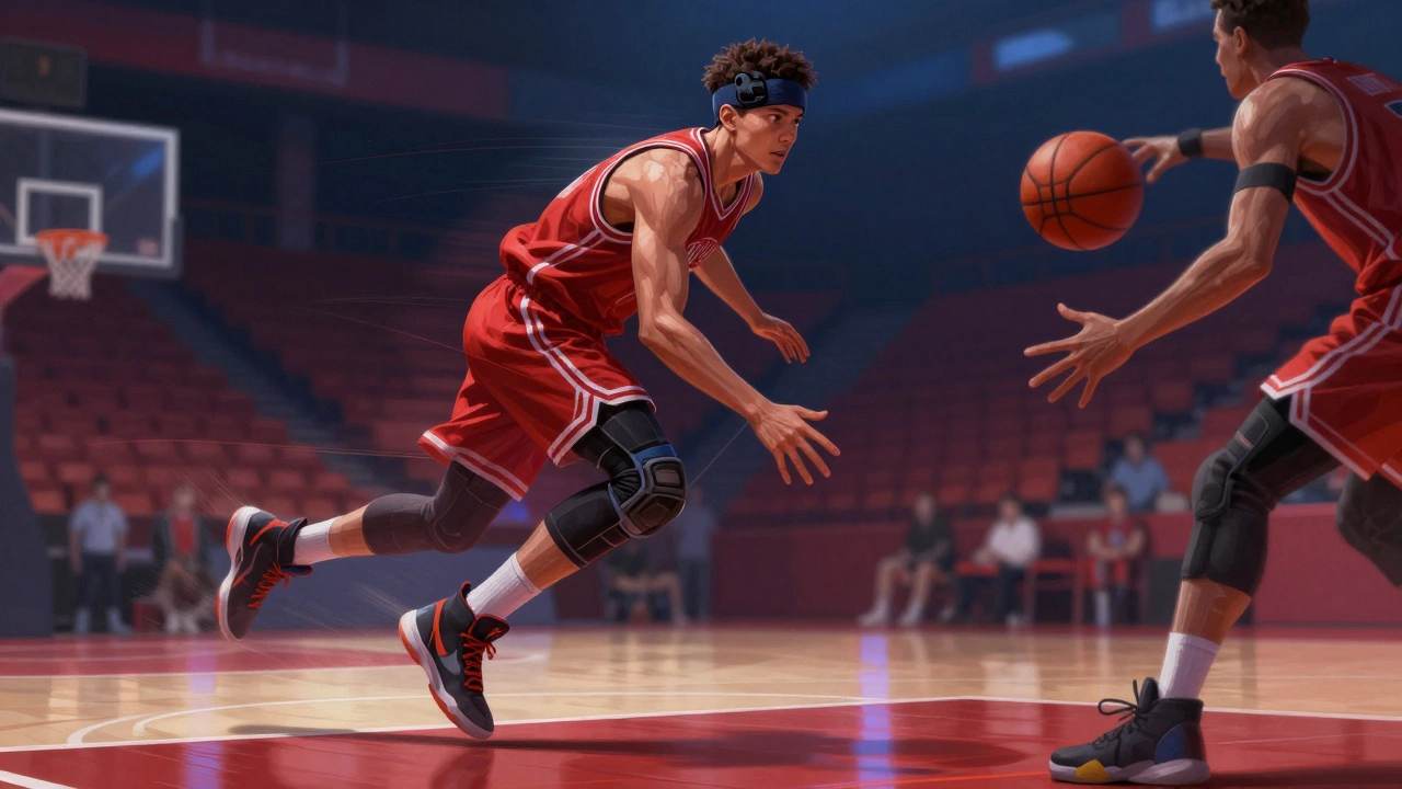 Basketball player jumping with ankle-supporting shoes and a padded headband, motion blur suggesting speed.