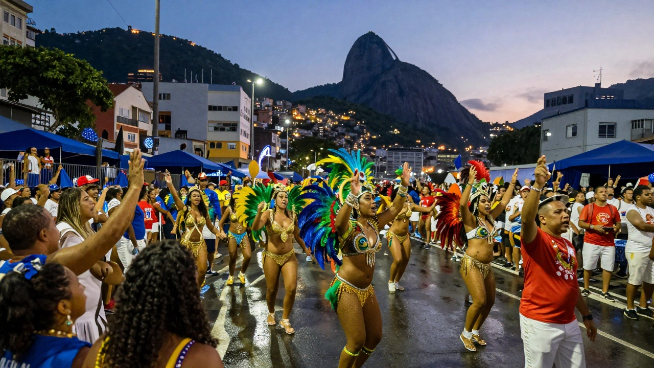 Carnival parade in Rio de Janeiro with dancers and crowds celebrating in Portuguese.