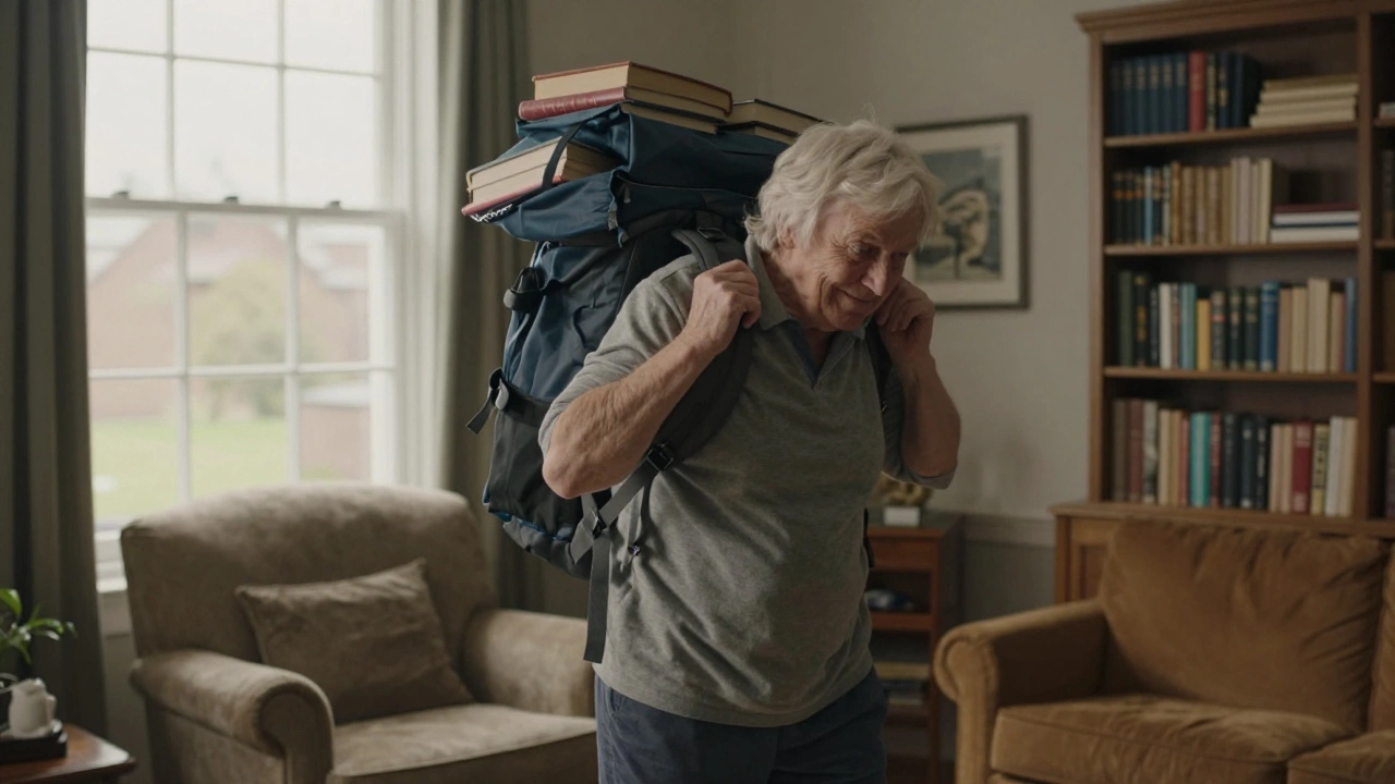 Elderly person lifting a heavy backpack at home, standing tall and confident, symbolizing functional strength and independence.