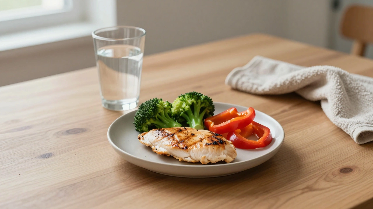 Healthy post-workout meal with chicken, vegetables, and sweet potato on wooden table.