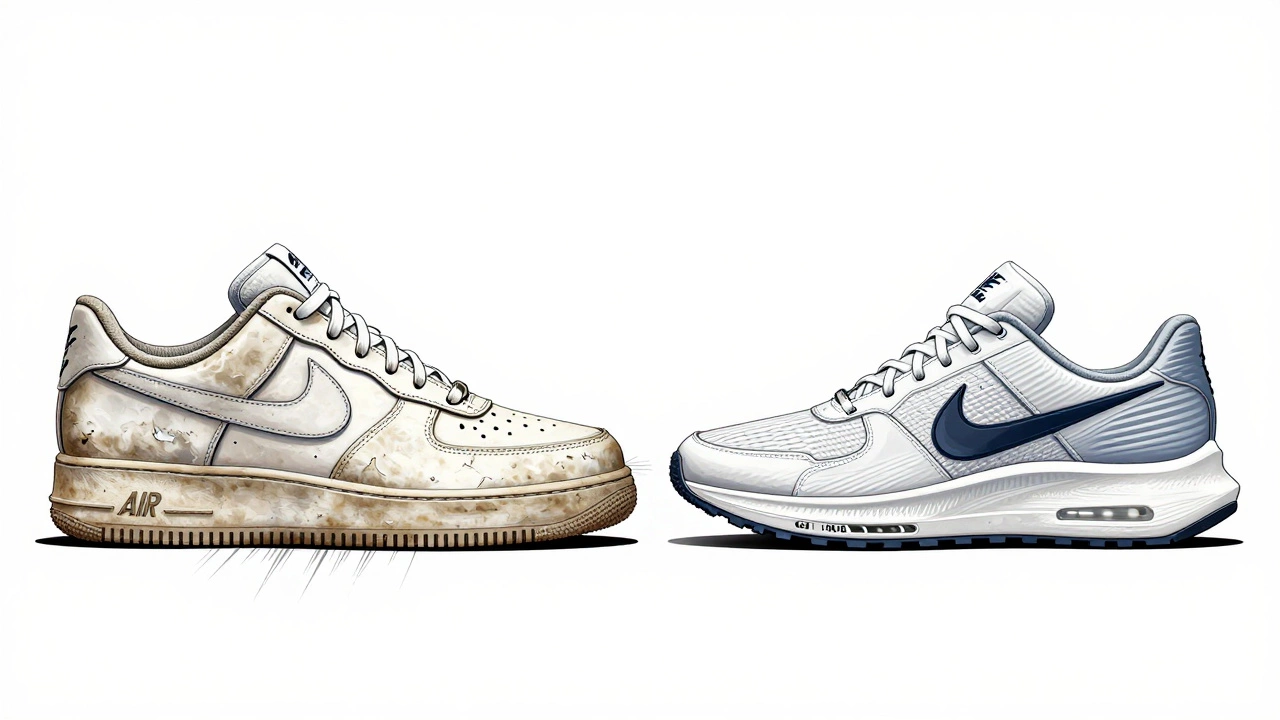 Side-by-side comparison of worn Air Force 1 and engineered running shoe with technical details.