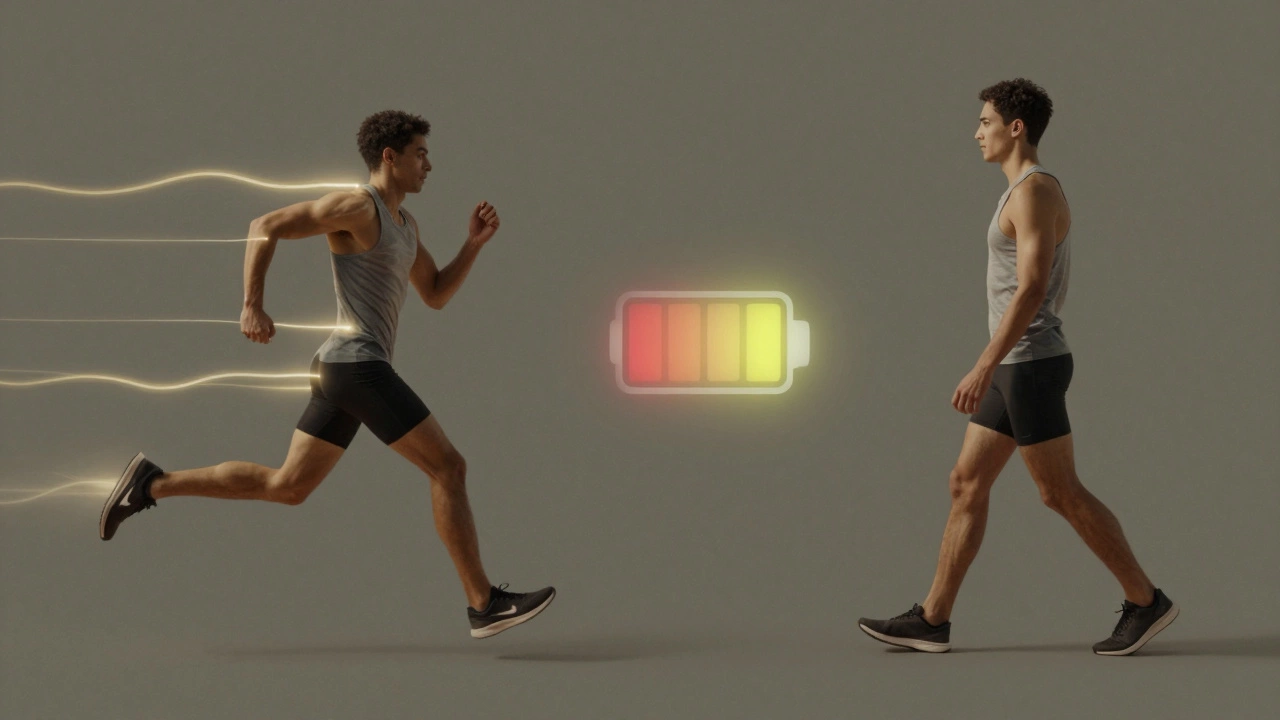 Symbolic split image showing a runner transitioning from running to walking to conserve energy.