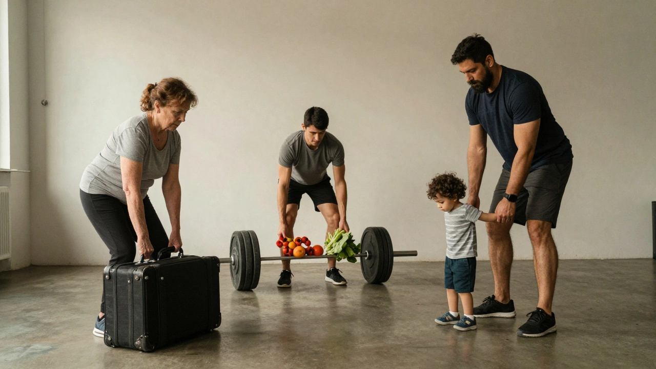 Three people in daily life performing deadlift-like movements: lifting a suitcase, groceries, and a child.